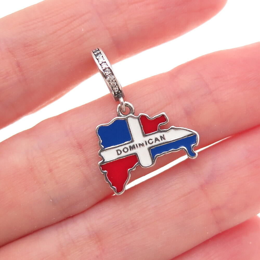 925 Sterling Silver C Z & Enamel Dominican Republic Flag / Map Dangle Charm